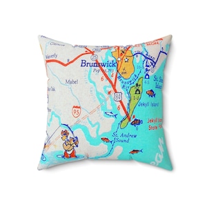 Coussin carte de plage rétro Brunswick, Géorgie, décoration d'intérieur côtière, coussin nautique, cadeau maison de plage, souvenir de vacances, polyester filé