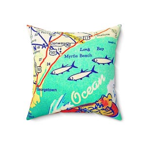 Myrtle Beach 18 po. Coussin carte côtière avec ambiance de plage, décoration pour les amoureux de la mer, élément décoratif pour maison de plage, cadeau d'été, voyage