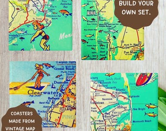 Florida Beaches ceramic coasters, Vintage travel maps, Gifts travel lovers. Gift for Dad, Gift for Him, Daughter Gift, housewarming gift