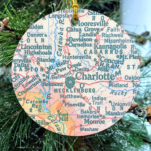 Charlotte NC  Christmas Ornament, Charlotte Ornament, Charlotte Gift, Charlotte Christmas, Map, Charlotte Vacation, Charlotte Trip