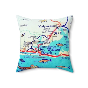 Fort Walton Beach, vierkant kussen retro kaart, Key Largo Florida, 18 inch kussen, woondecoratie, sierkussen, kustdecor, cadeau voor reiziger