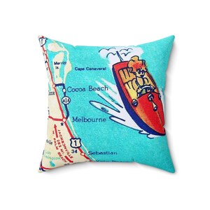 Oreiller de carte rétro Cocoa Beach Florida, 18" - Oreiller carré pour décoration d'intérieur, housse de coussin en polyester filé, coussin décoratif côtier,