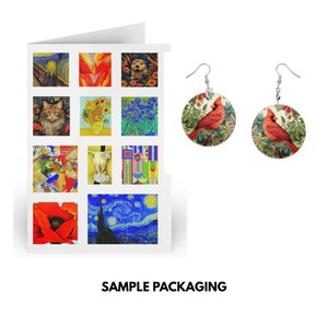 a pair of earrings and a greeting card with various colorful and artistic images, including paintings and floral designs.