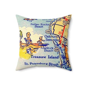 Carte de l'île au Trésor, Floride vintage, coussin carré en polyester filé rétro, décoration de plage Madera, coussin Indian Rocks, 18 pouces côtier