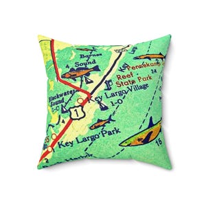 Key Largo, vierkant kussen retro kaart, Key Largo Florida, 18-inch kussen, woondecoratie, sierkussen, kustdecor, cadeau voor reiziger