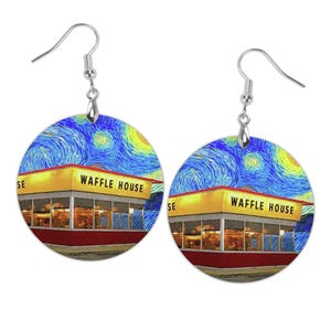 Waffle House Starry Night Earrings Art. Restaurant Waitress, Waffle Lover Birthday Gift