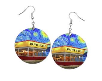 Waffle House Starry Night Earrings, VanGogh Art Print, Restaurant Waitress Waffle Lover Birthday Gift