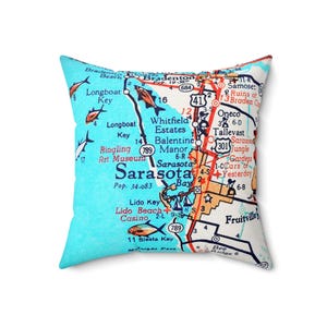 Cojín cuadrado con mapa retro de Sarasota, cojín decorativo para el hogar, regalo de viaje a Florida, decoración para sala de estar, dormitorio y sofá.