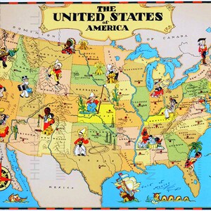 May include: A vintage map of the United States of America with cartoon illustrations of people and landmarks. The map features a compass rose, sailing ships, and the text "THE UNITED STATES OF AMERICA". The map is framed with a red border.