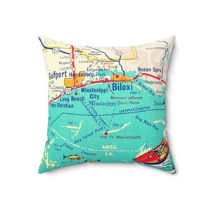 Biloxi, Puerto del Golfo de Mississippi, Almohada cuadrada de poliéster hilado con mapa retro, Cojín decorativo, Decoración del hogar, Regalo para viajeros,