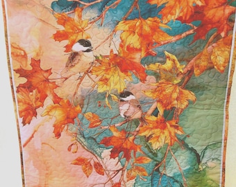 Handmade Chickadee Fall Quilt, Autumn Leaves Wall Hanging, Table Topper Home Decor