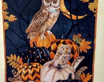 Fall Owl Wall Hanging, Handmade fiber art Quilt, Autumn Harvest Decor, Quilted Home Decor, Owl decor