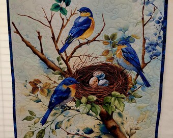 Bluebirds Wall Quilt, Bluebird Wall Hanging Bird wall decor fiber art