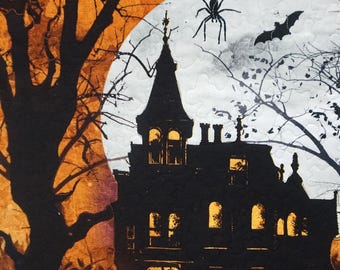 Halloween handmade wall quilt, spooky gothic Halloween home decor Haunted House bats cats