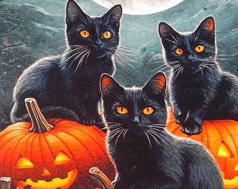 Halloween Black Cats, Halloween Handmade Wall Quilt, Home Decor for Halloween, Cats Pumpkins bats
