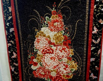 Handmade Floral Quilted Wall Hanging: Red Peonies, Butterfly Border
