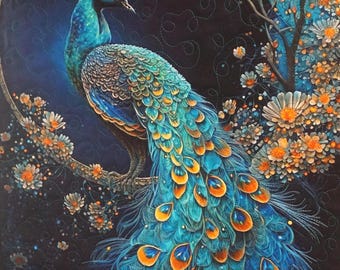 Handmade Peacock Quilted Wall Hanging, Aqua Blue Golden Accents Home Decor