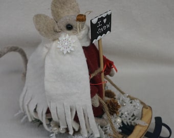 Handmade Felt Mouse on Sled, Winter Holiday Decor