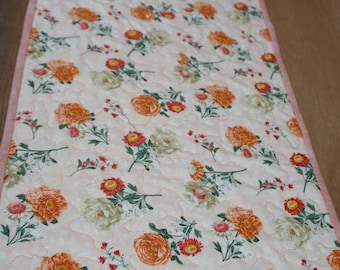 Handmade Quilted Peach Floral Table Runner, Cotton Fabric, 40" Long