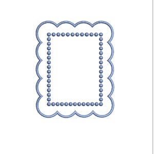 May include: A light blue machine embroidery design featuring a rectangular frame with a scalloped outer edge and an inner border composed of small, evenly spaced circular dots, creating a decorative pattern on a plain white background.