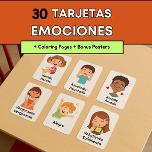 Pacote Emoções para Crianças | 40 páginas imprimíveis | 30 Flashcards + 30 Coloreables + 2 Póster Emociones | Educação Emocional Espanhola
