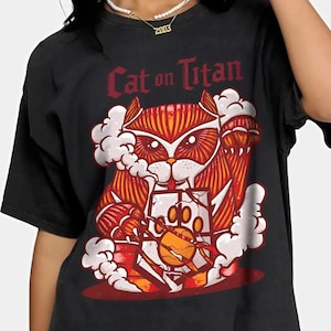 Cat On Titan T-Shirt, Attack on Titan Anime Tee, AOT Unisex Graphic Shirt, Eren Yeager Inspired T-Shirt, Anime Fashion Top