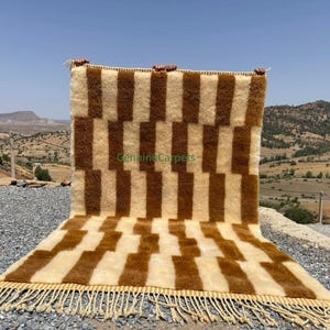 Handmade Moroccan wool rug, Brown and ivory carpet, modern wool carpet, fluffy handwoven wool carpet,living room rug