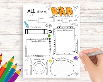 May include: A black and white printable "All About My Dad" questionnaire. The word "DAD" is in orange at the top. The questionnaire includes fill-in-the-blank sections for name, favourite colour, age, and more. A hand is holding a pen.