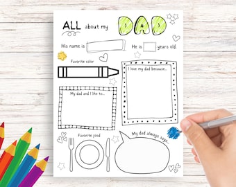 May include: A black and white printable "All About My Dad" questionnaire with fill-in-the-blank sections. Includes prompts for name, favourite colour, age, and more. A hand is holding a pen, ready to fill out the sheet.