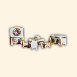 Limoges Style Miniature Porcelain Furniture Set With Rococo Floral Design Collectible Dollhouse Mini Display Decor