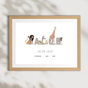 Decorazione murale personalizzata con animali della giungla e safari per la cameretta dei bambini - Stampa personalizzata con nome per la cameretta dei bambini - Dettagli sulla nascita