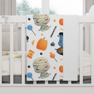 Frankenstein and Mummy Baby Blanket Soft Fleece Throw Blanket, Baby Shower Gift for Halloween, Gender Neutral Baby