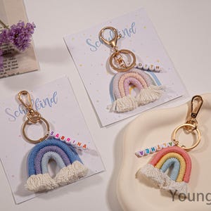 Macrame Rainbow Keyring,Personalised Teacher Rainbow Keyring,Name Beaded Rainbow Keychain,Rainbow Mini Macrame,Teacher Gifts,Gfts for Her
