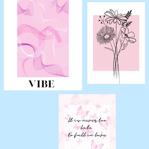Juego de 3 piezas de arte mural rosa: póster de buenas vibras, arte floral lineal, cita motivacional. Descarga digital e imprimible.