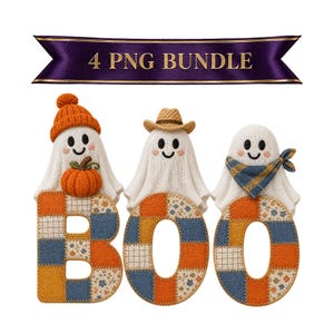 Retro Patchwork Ghost PNG Bundle, Cute Western Boo Halloween Design, Coquette Bow Spooky Fall Clipart, Digital Download