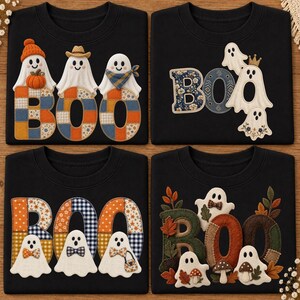 Retro Patchwork Ghost PNG Bundle, Cute Western Boo Halloween Design, Coquette Bow Spooky Fall Clipart, Digital Download