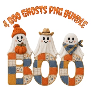 Retro Patchwork Ghost PNG Bundle, Cute Western Boo Halloween Design, Coquette Bow Spooky Fall Clipart, Digital Download