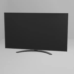 May include: A large, black flat-screen television with a curved, dark grey stand. The screen is rectangular and fills most of the frame. The stand is a single, curved piece that supports the screen.