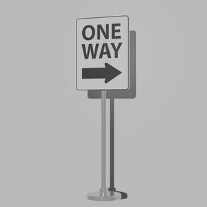 May include: A rectangular, white one-way street sign with black text and arrow. The sign is mounted on a silver pole with a circular base. The sign reads "ONE WAY" with a right-pointing arrow.