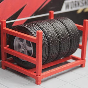 Miniature Car Tire Rack with 4 Removable Tires for Diorama or Dollhouse | 1/18 | 1/12 | 1/10 | 1/9 | 1/6 Scale Options, Custom Color Option