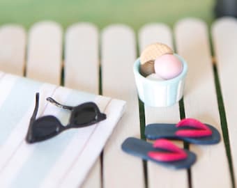 Story Set "Heatwave" - Flip Flops, Sunglasses & Ice Cream | Summer Fairy Door Accessories, Miniature Holiday Scene, Dollhouse Decoration