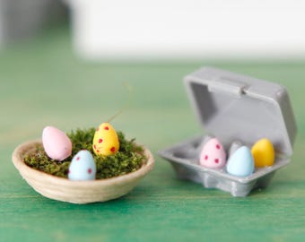 Paasei-thema set – Mini eierdoosje met 6 kleurrijke paaseieren | Mini-eieren als elfenaccessoire of voor de minikeuken