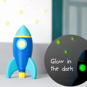 Op de afbeelding: Een blauwe en turquoise speelgoedraket met gele accenten en vinnen. De raket staat voor een witte muur met gele sterstickers. Een cirkelvormige afbeelding toont een gloeiende raket en sterren met de tekst "Glow in the dark."