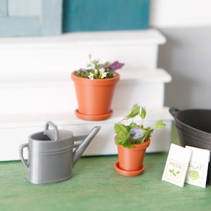Può includere: Set da giardinaggio in miniatura con due vasi in terracotta con piante, un annaffiatoio grigio, una vasca nera e due piccole bustine. La scena è ambientata su una superficie verde con uno sfondo bianco e blu, evocando un affascinante tema del giardino.