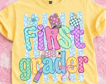 First Grade PNG Design, Cute Back to School Shirt, Retro Pastel Student Graphic, First Grader Sublimation Digital Download, Bow Pencil Apple