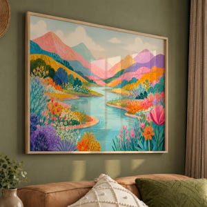 Horizontal Colorful Mountain & River Floral Art Print: Abstract Patchwork Illustration (Digital Download)