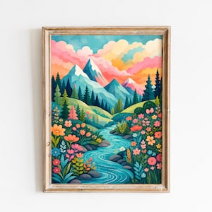 Colorful Mountain & River Floral Art Print: Abstract Patchwork Illustration (Digital Download)