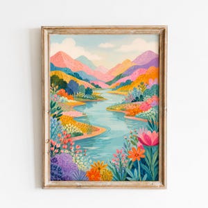 May include: A framed landscape painting featuring a winding blue river flowing through a valley. The scene includes colorful rolling hills in shades of pink, orange, and green, surrounded by vibrant wildflowers in red, orange, and purple hues.