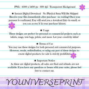 May include: Digital download information graphic with text about instant downloads, usage, terms of use, and important notices. The graphic includes purple flower illustrations and the YOUNIVERSEPRINT logo at the bottom.
