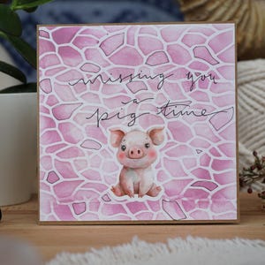 Carte de vœux unique, "missing you a pig time" faite à la main, papier kraft, encre pour tampon